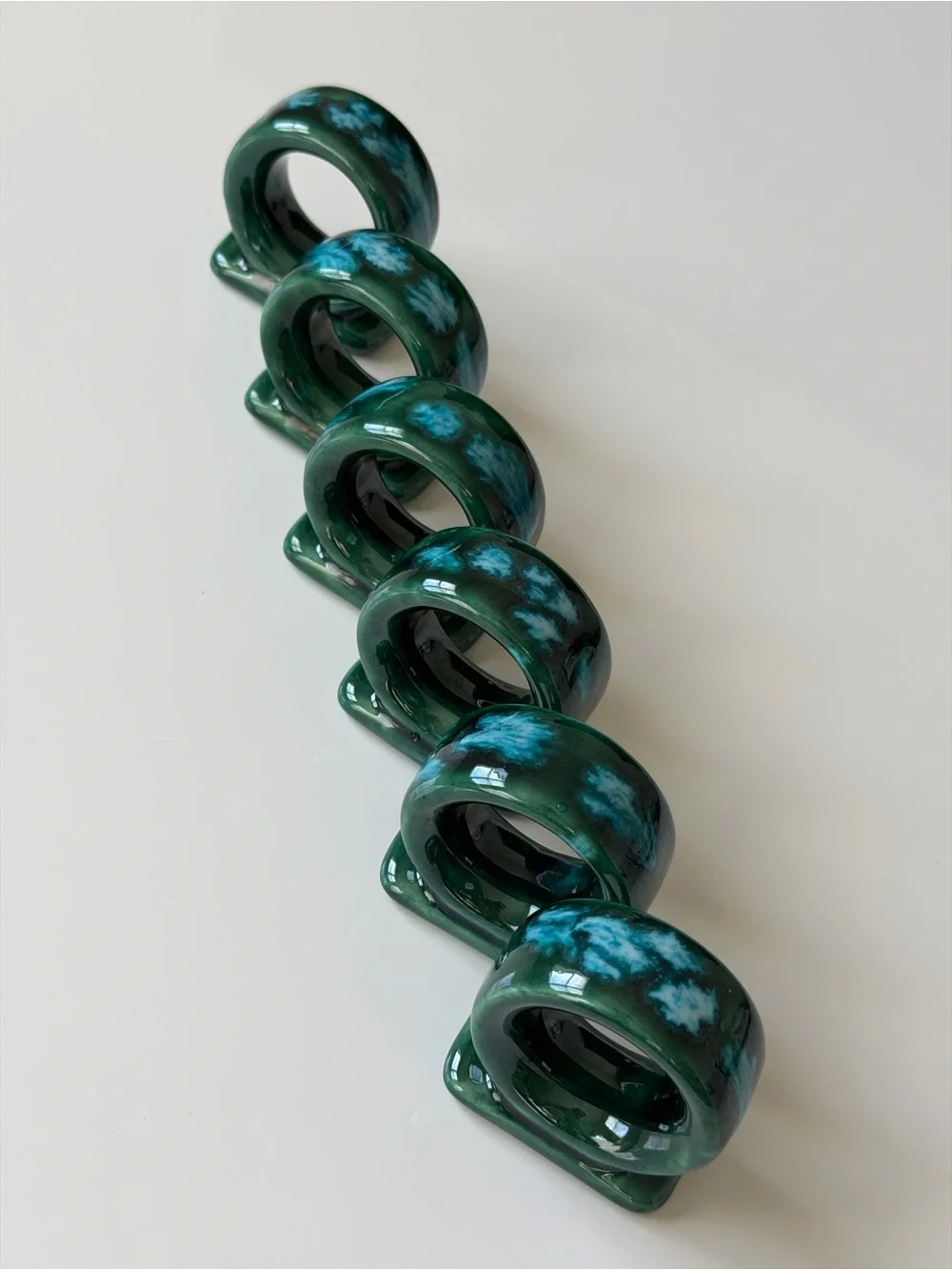 Vintage Drip Glaze Ceramic Napkin Rings - Set Of 6 Emerald & Turquoise